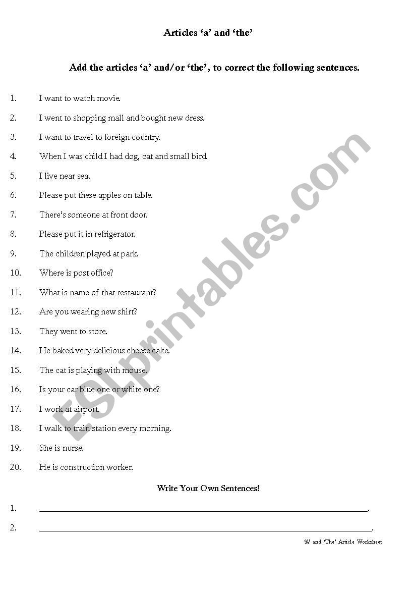 Articles worksheet