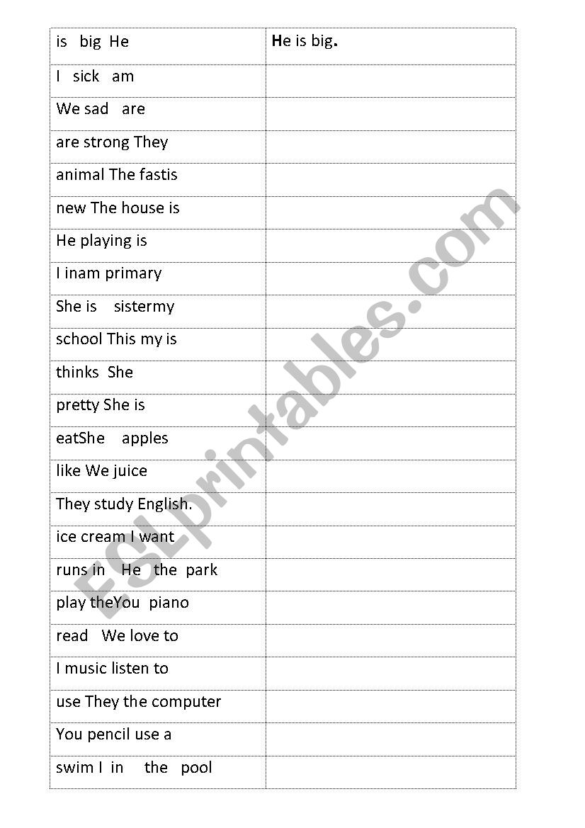 Scramble sentenes worksheet