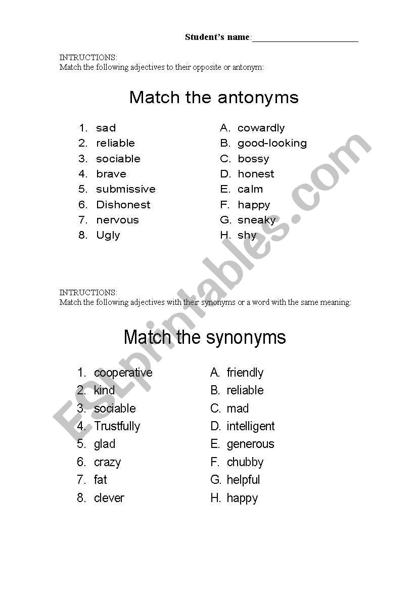 Describin people Antonyms and synonyms matching