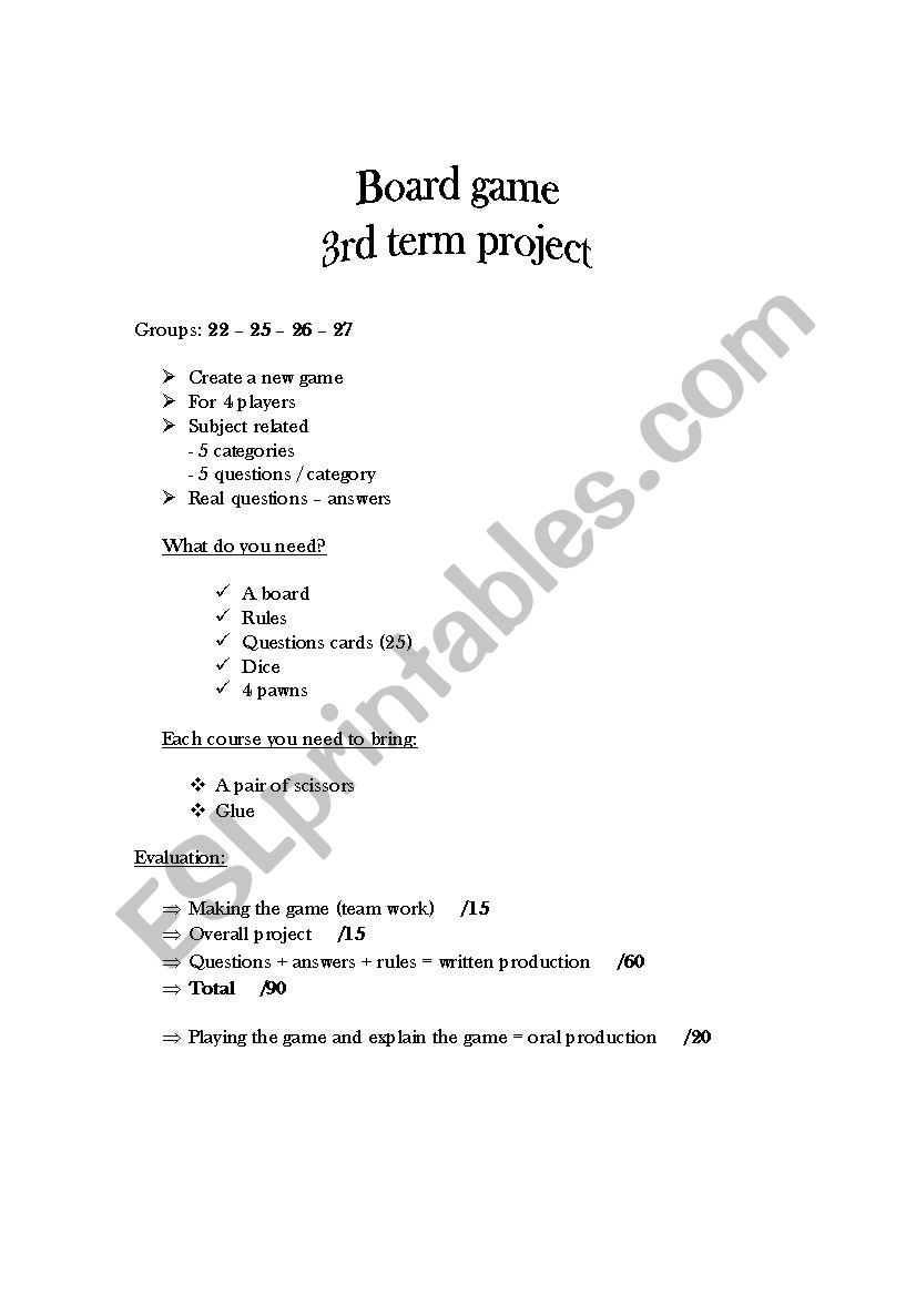 board game worksheet