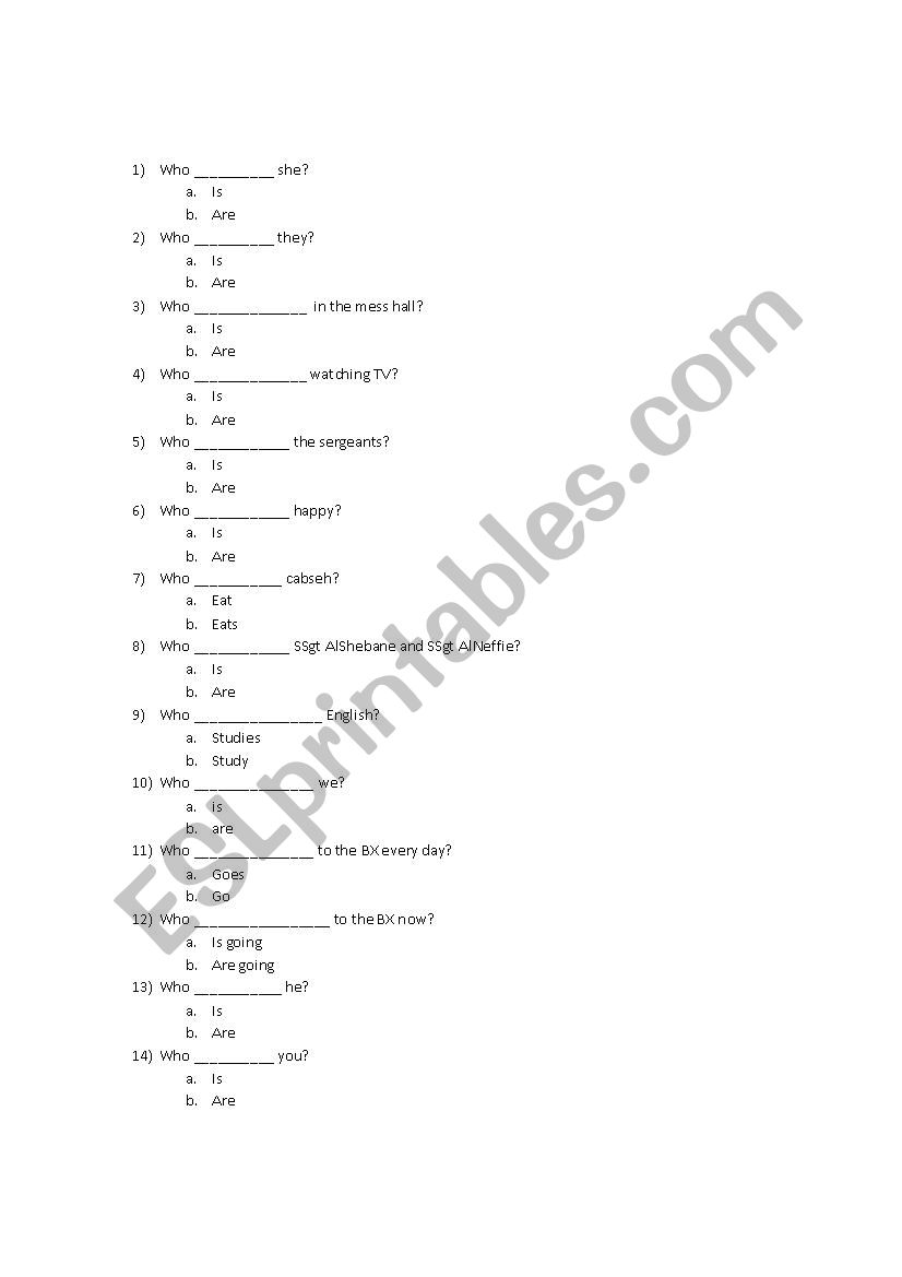 Who is vs. Who are worksheet