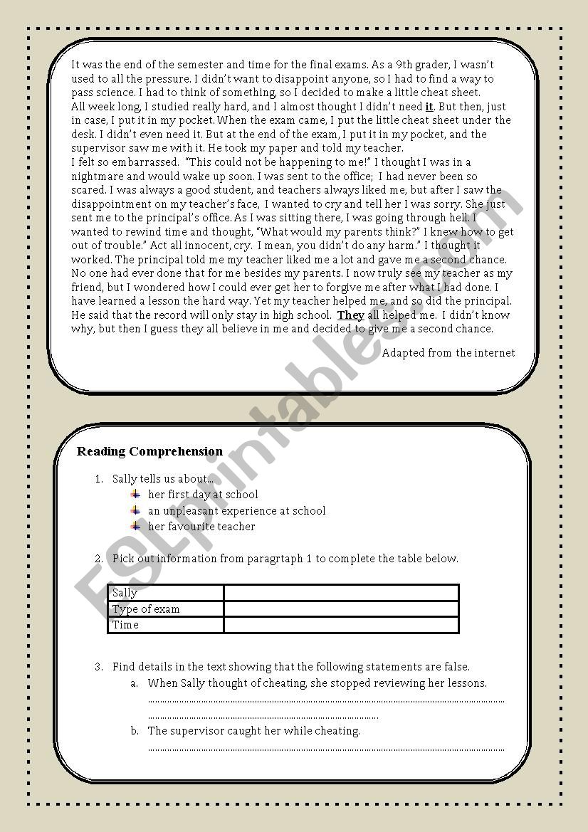 Cheating in exams Reading Comprehension Test