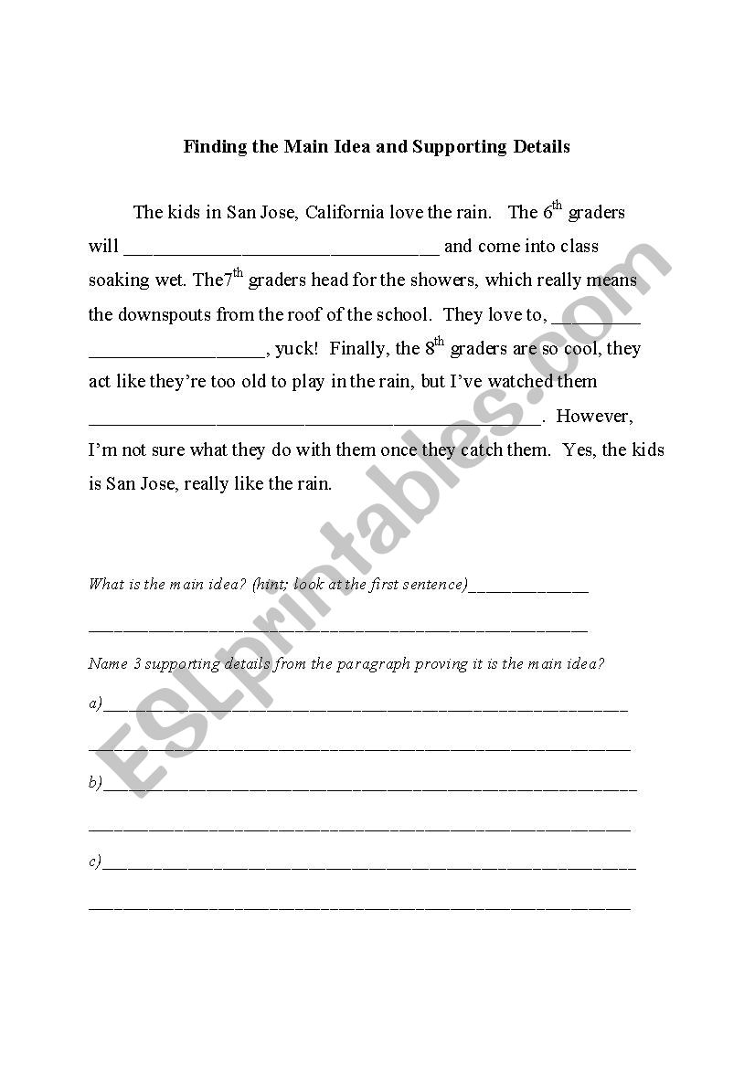 Find the Main Idea Cloze Activity