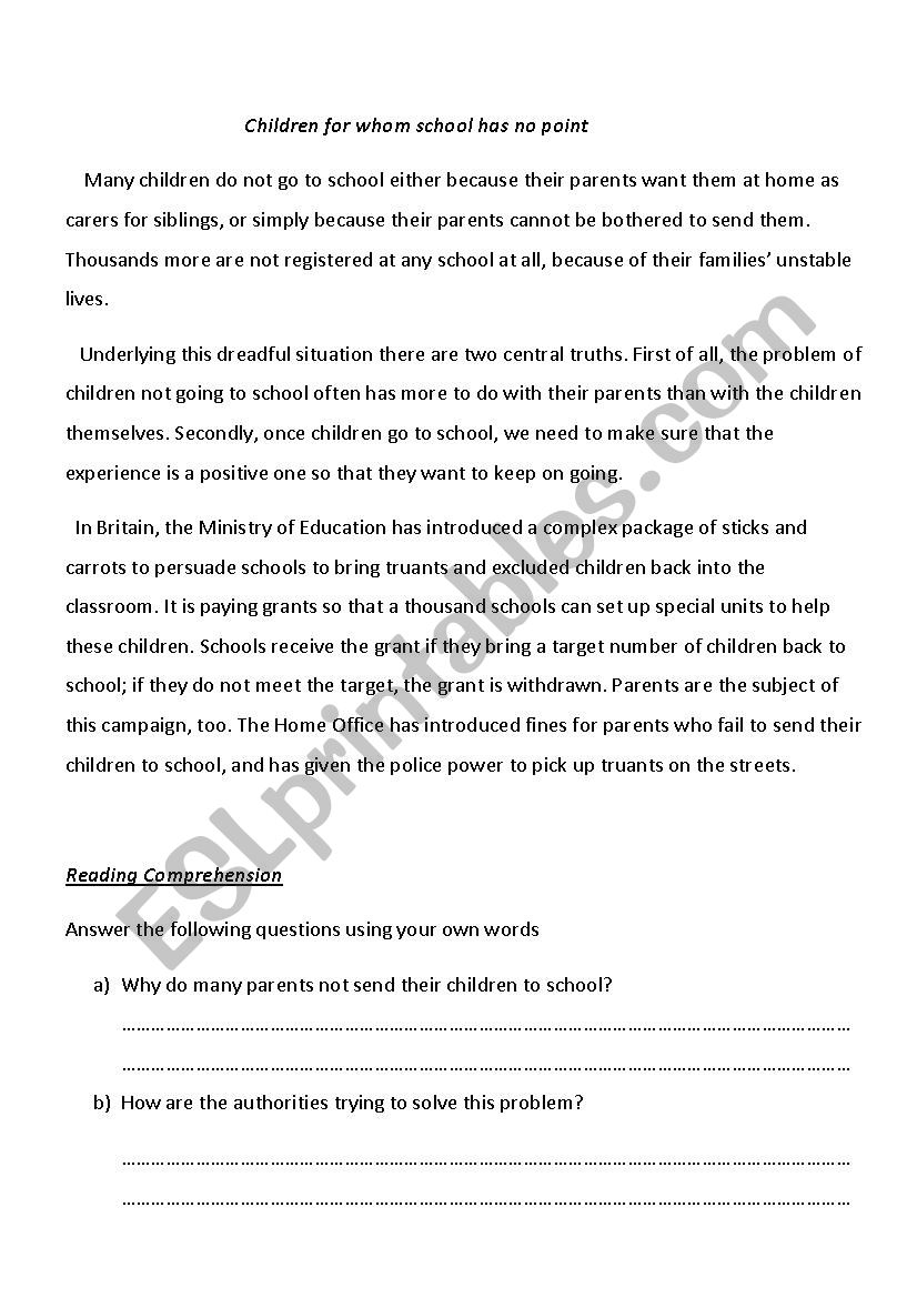 reading comprehension worksheet