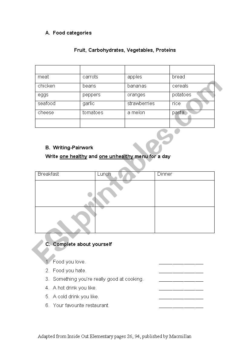 Simple food handout worksheet