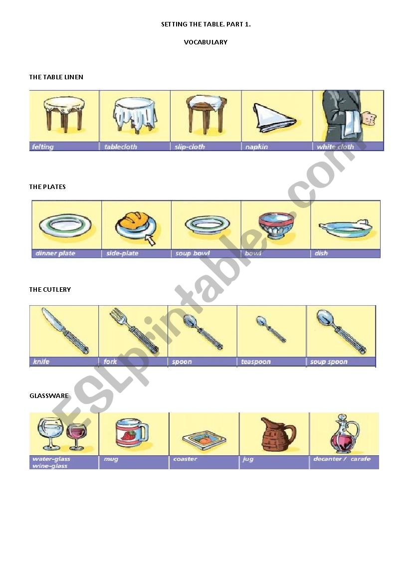 Setting the table: Part 1 worksheet Setting the table: Part 1 worksheet