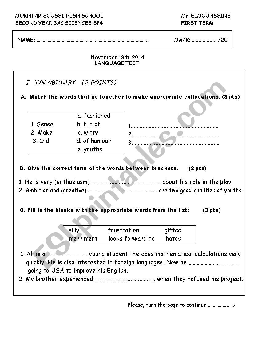 Language test for Moroccan 2nd year students using Ticket to English