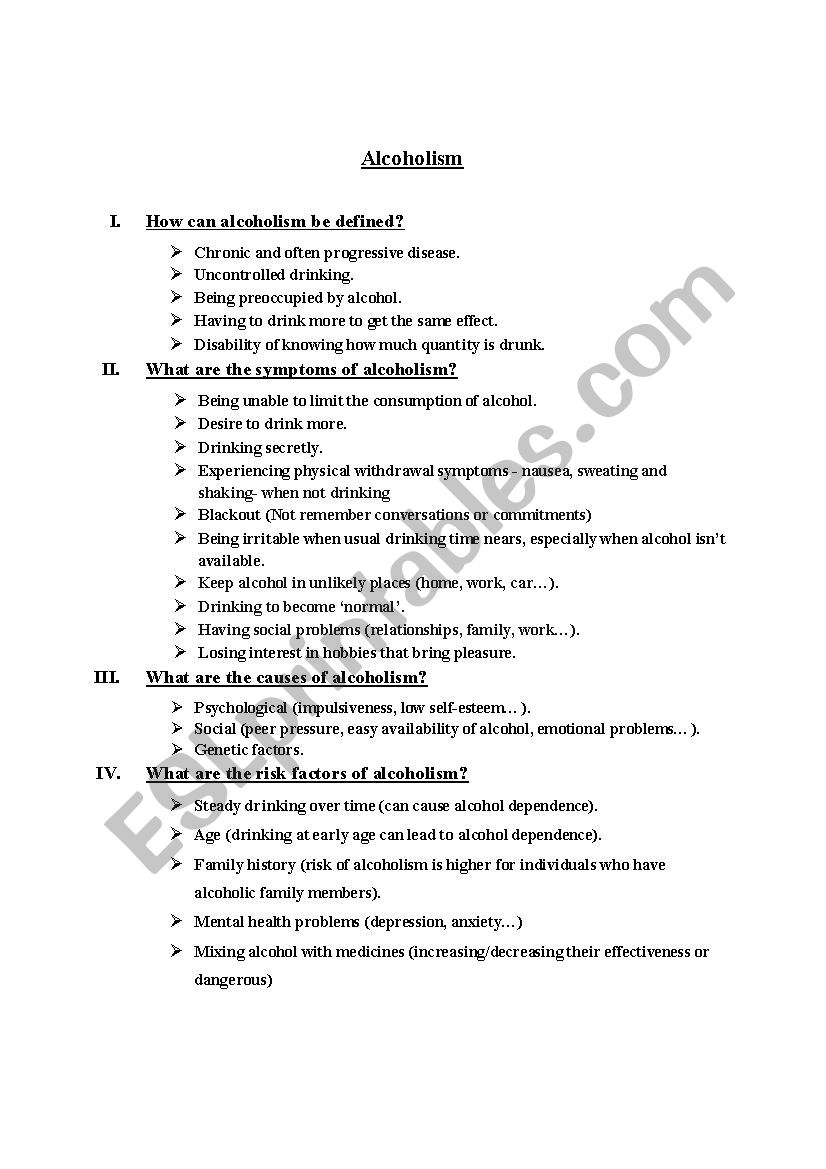 alcoholism worksheet