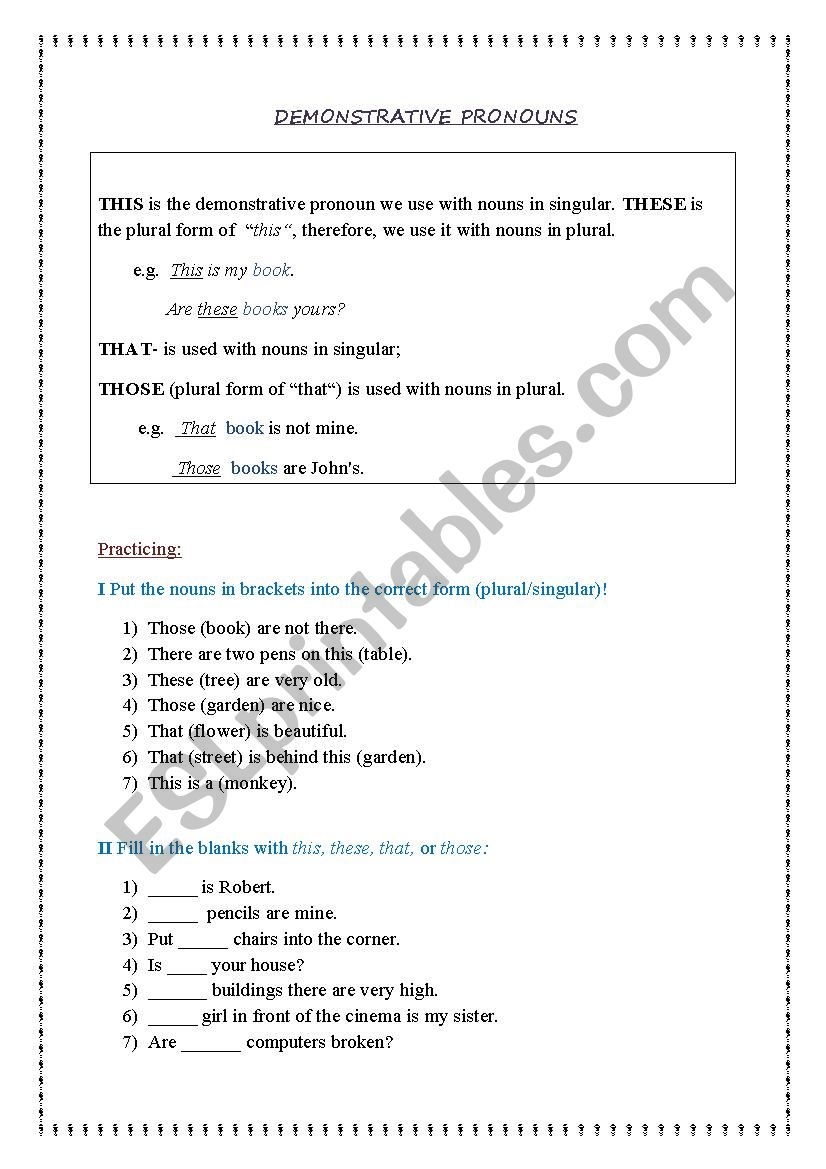 DEMONSTRATIVE PRONOUNS worksheet