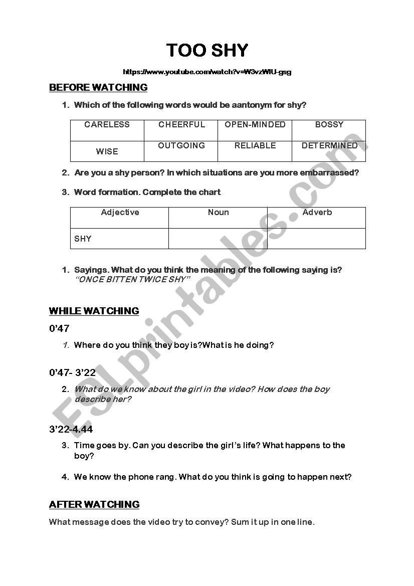 TOO SHY. A SHORT VIDEO worksheet