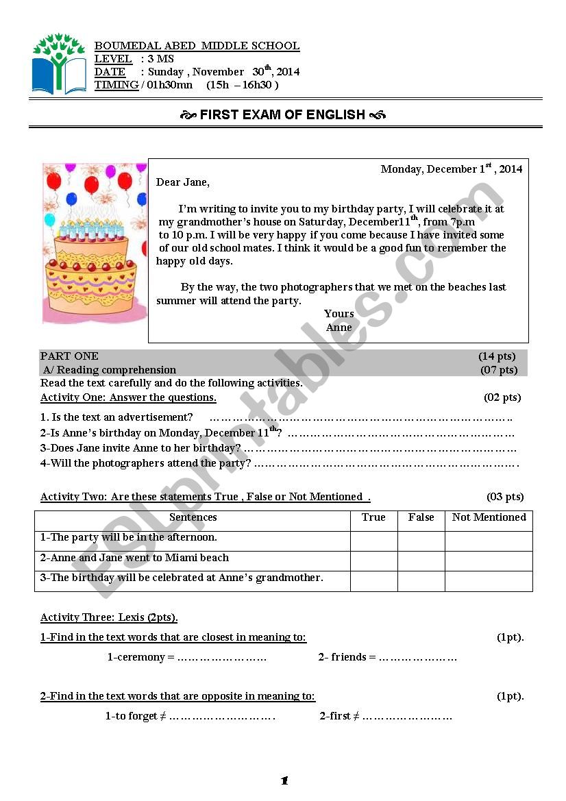 1st TERM EXAMINATION 3 MS worksheet