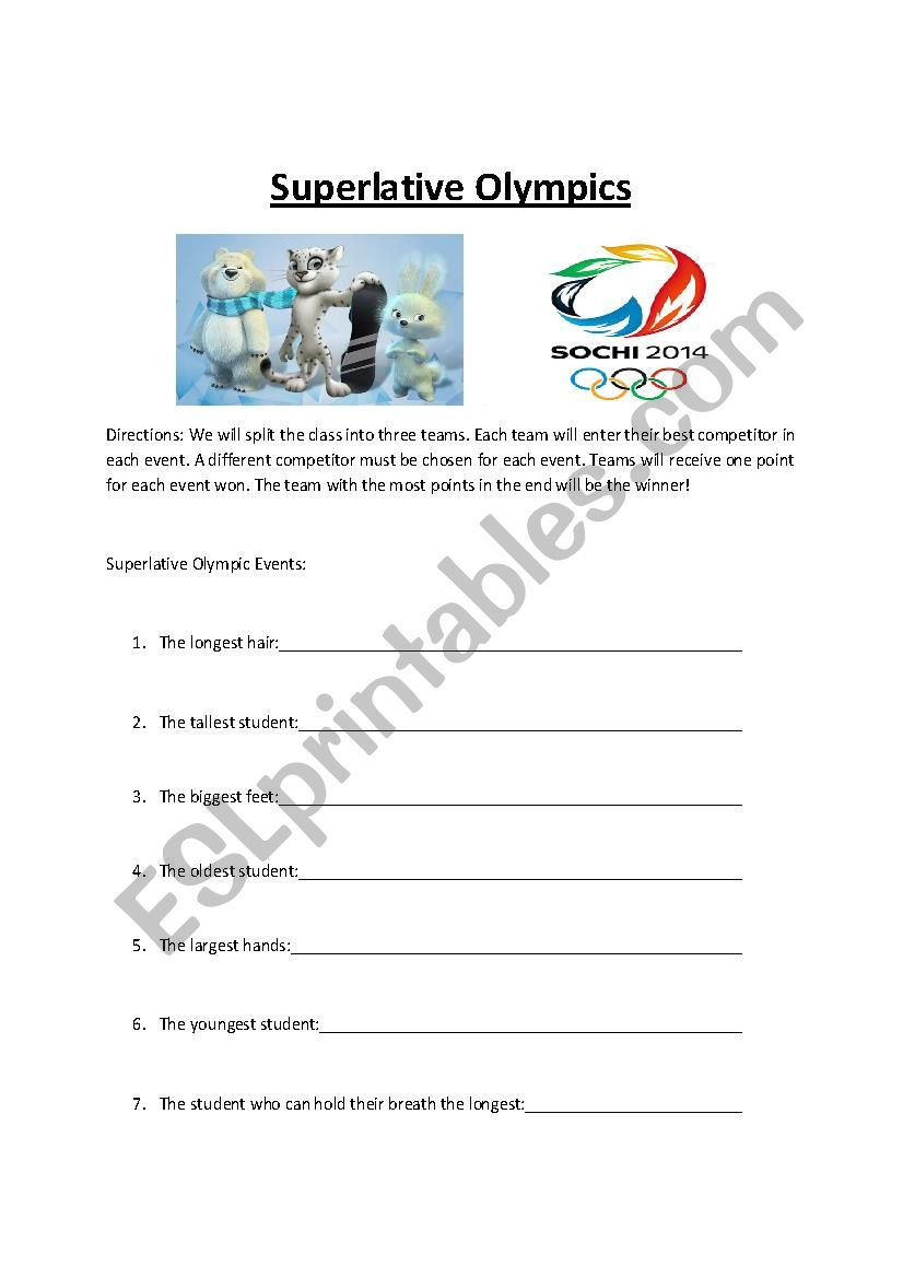 Superlative Olympics worksheet