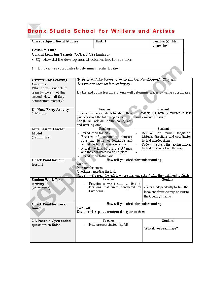 Map coordinates worksheet