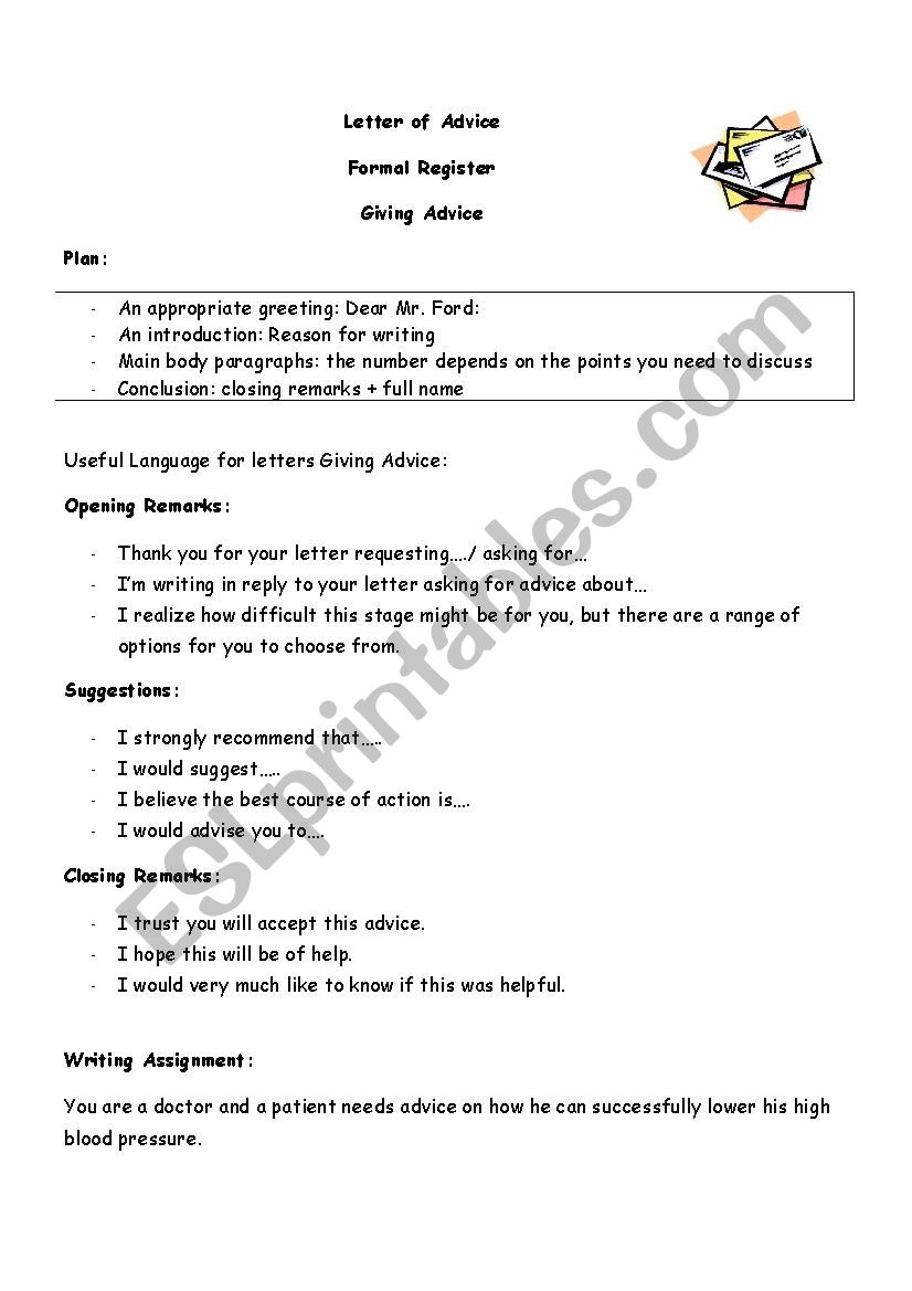 Letter of Advice worksheet