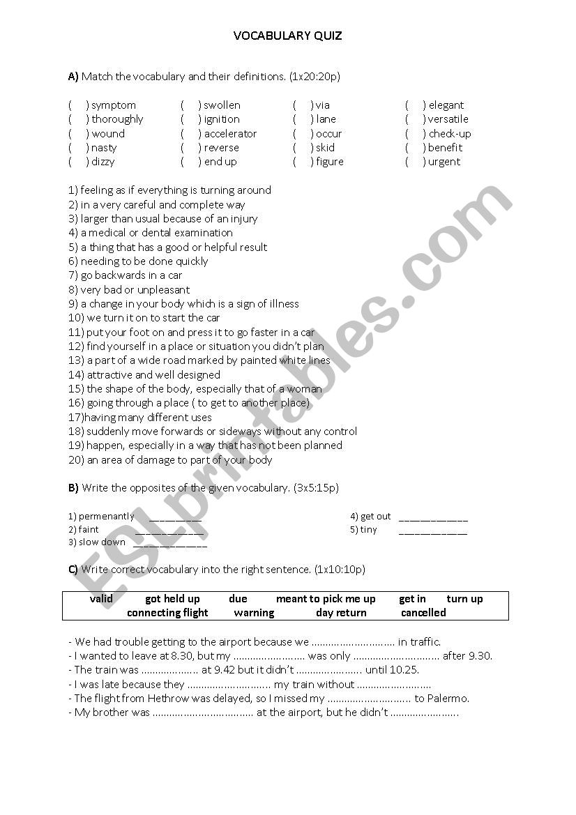 a vocabulary quiz worksheet