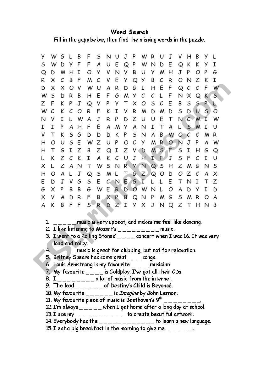 Music - Vocabulary word search