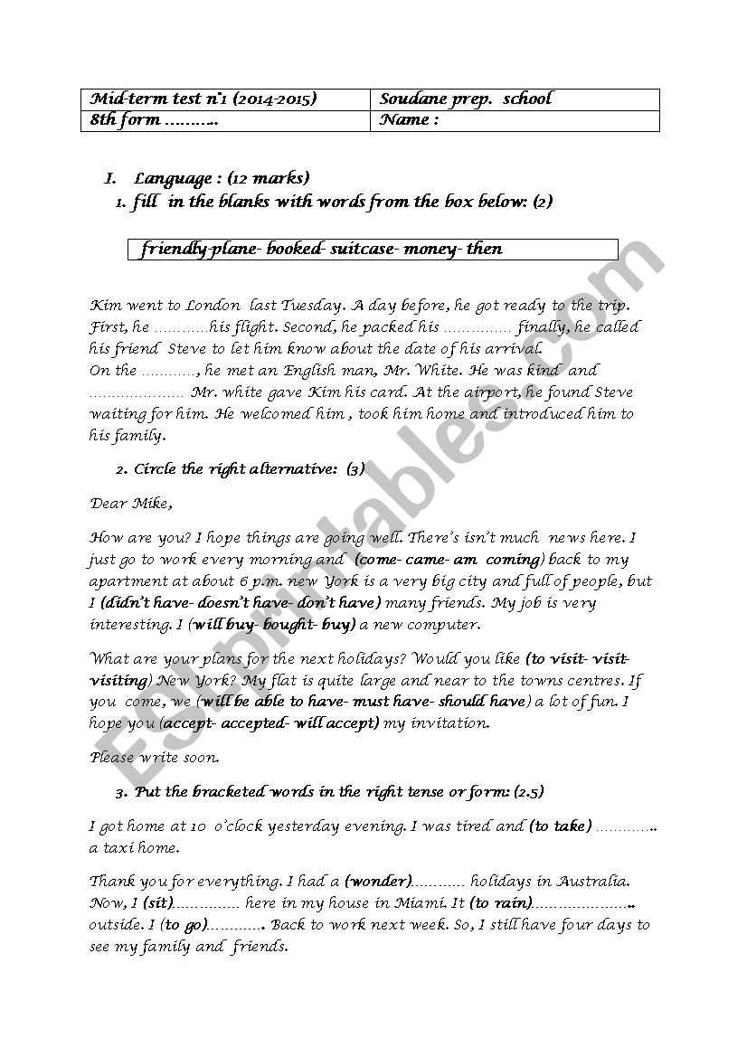 mid-term test 1 8th form worksheet
