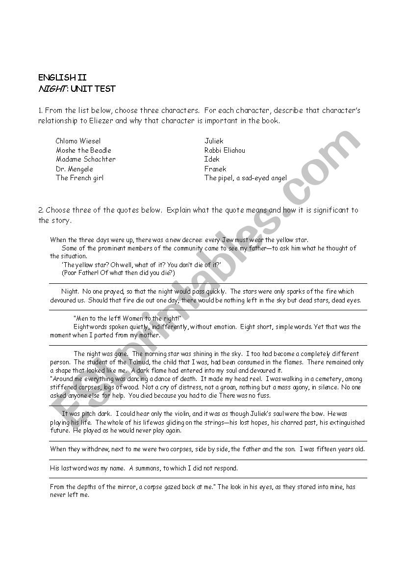 test on novel night worksheet