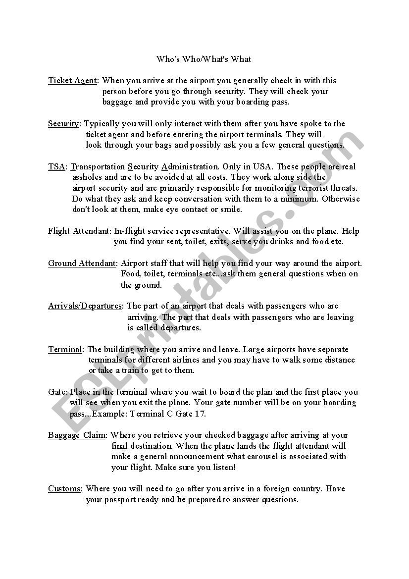 Whos Who and Whats What Travel Worksheet