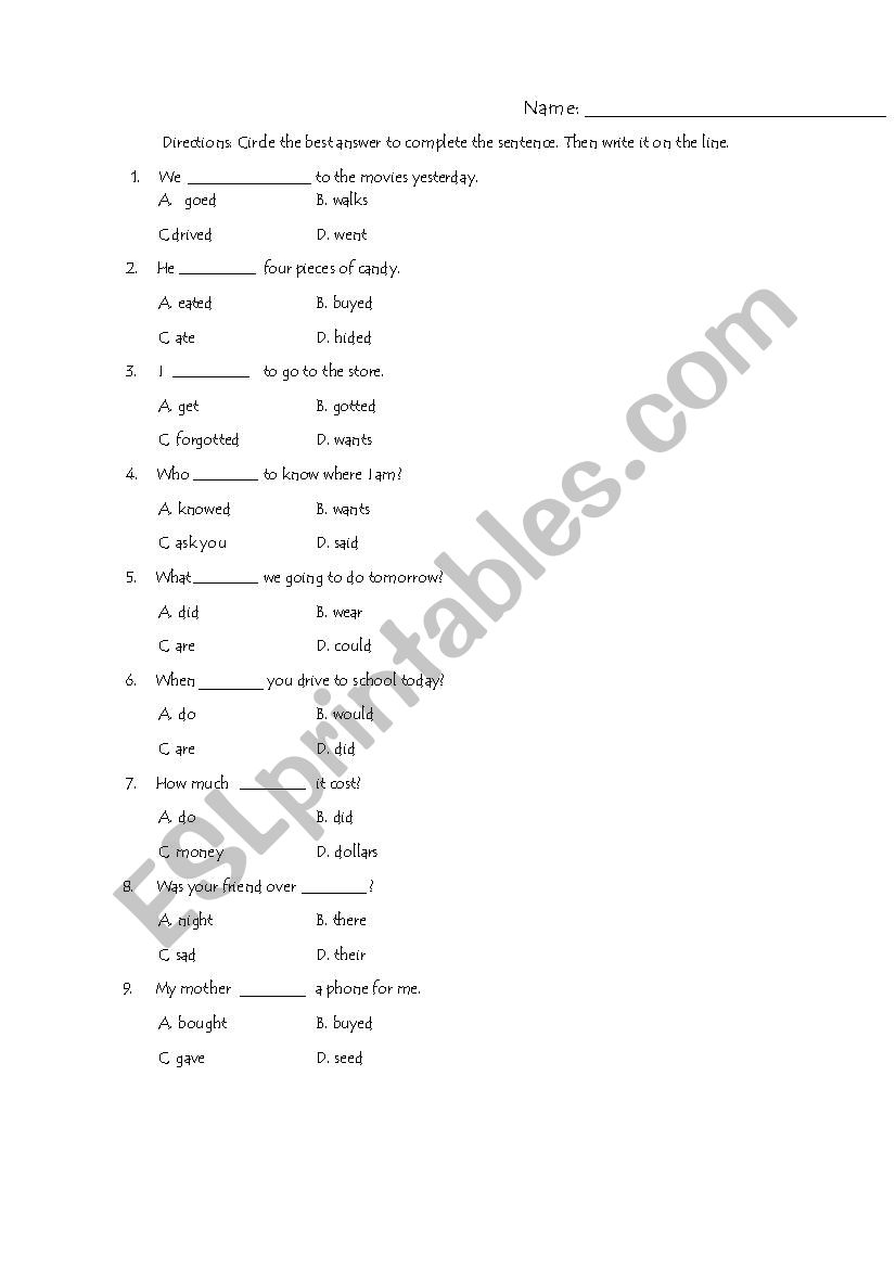 Choose the best answer worksheet