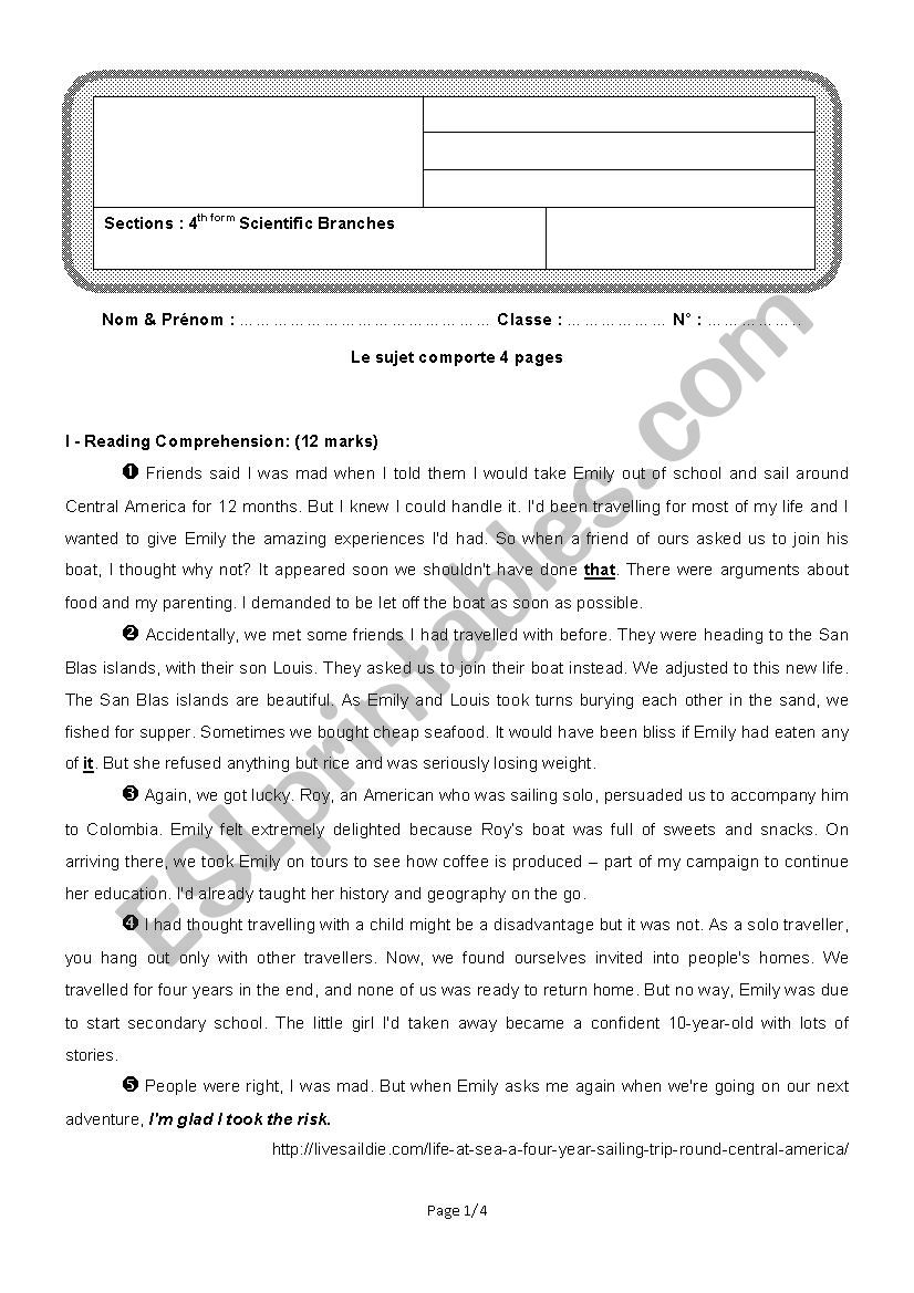 4th form full term test 1 scientific Branches (unified test sfax1 region)