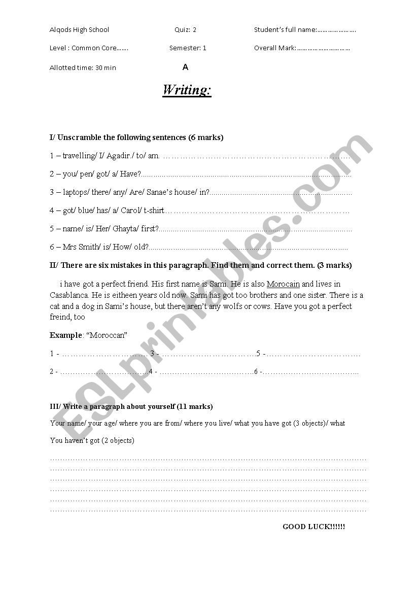 quiz of writing for bigenners worksheet