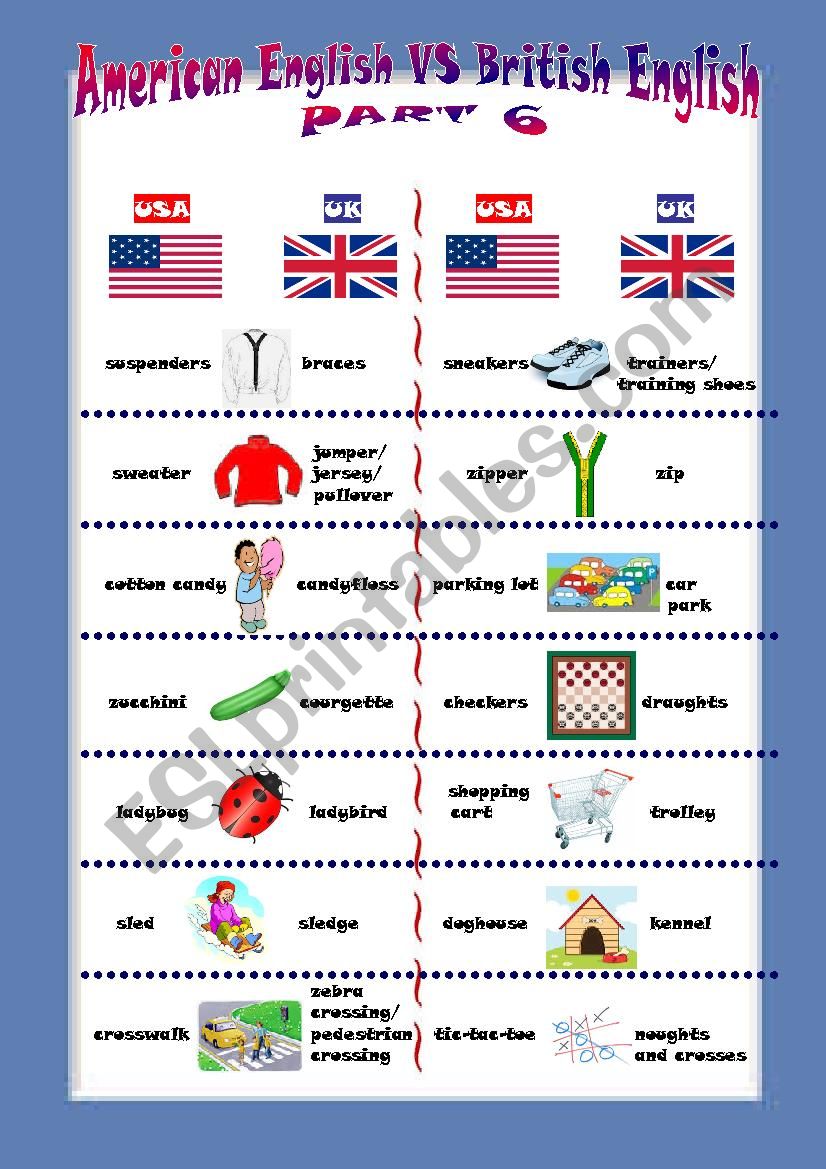 AMERICAN Vs BRITISH ENGLISH ESL Worksheet By Vivienne71