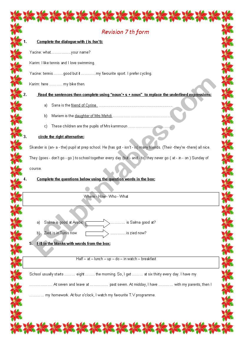 revision 7 th form  worksheet