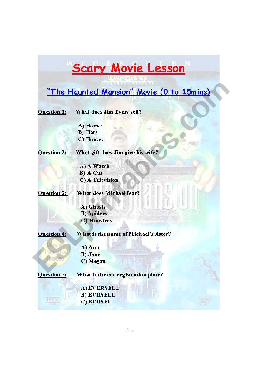 Haunted Mansion Movie Quiz worksheet