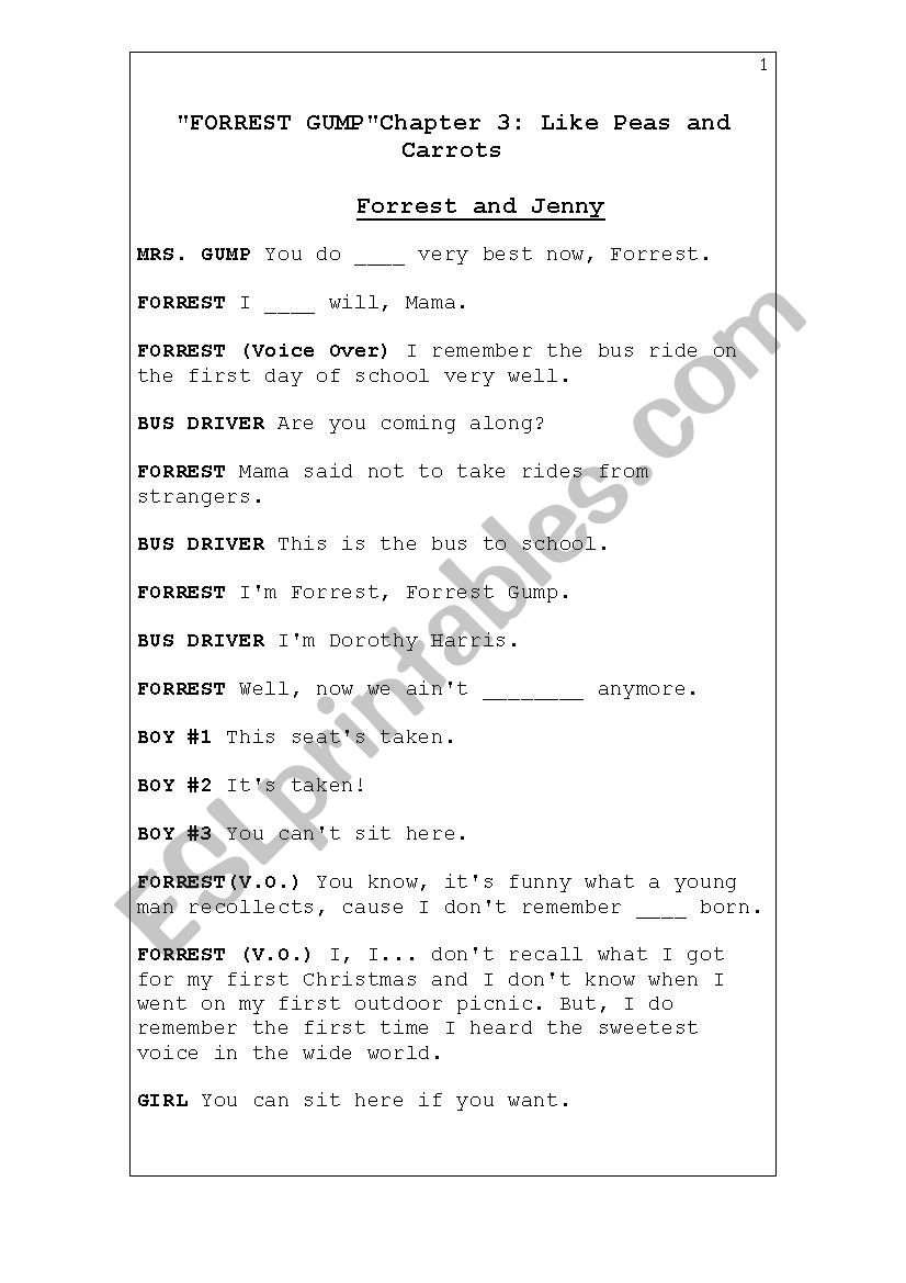 Forrest Gump Chapter 3 Vocabulary Gap Fill