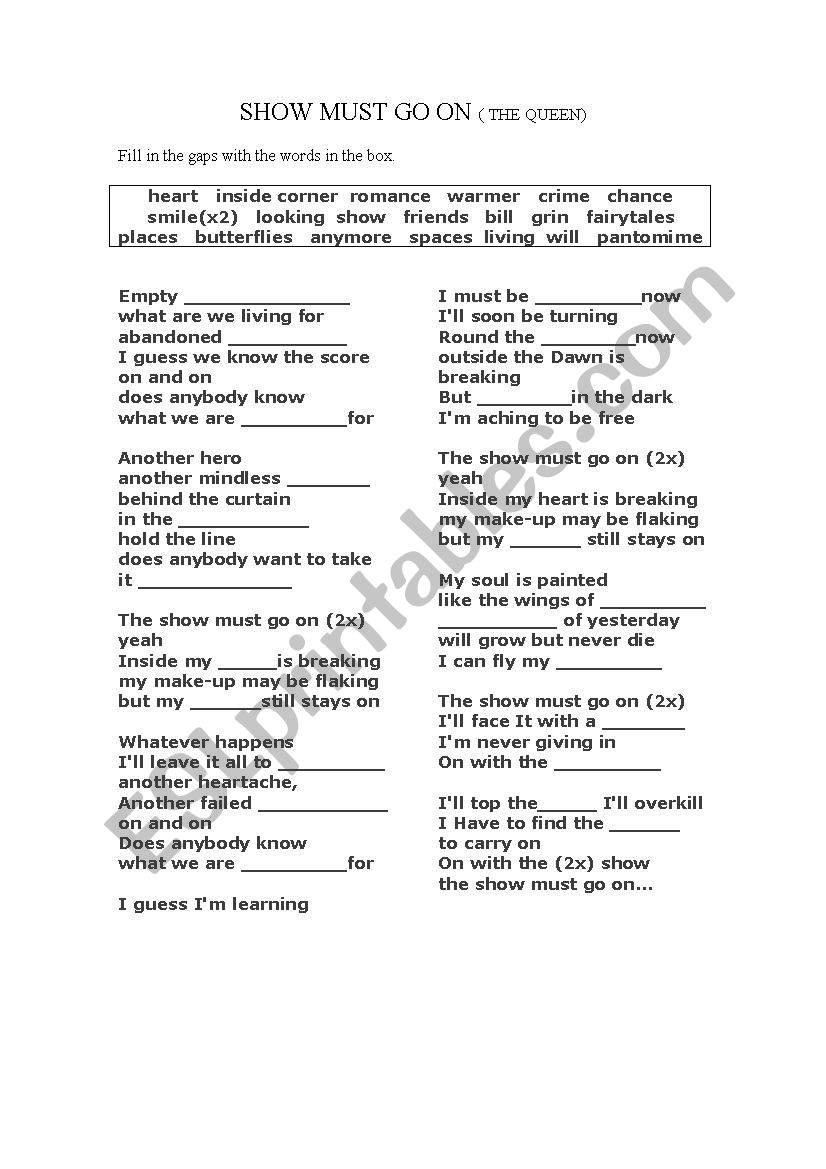 The Show Must Go on.  worksheet