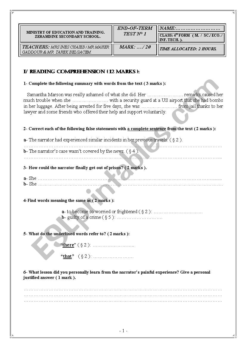 end-of-term test n 1 ( 4 th form, maths )