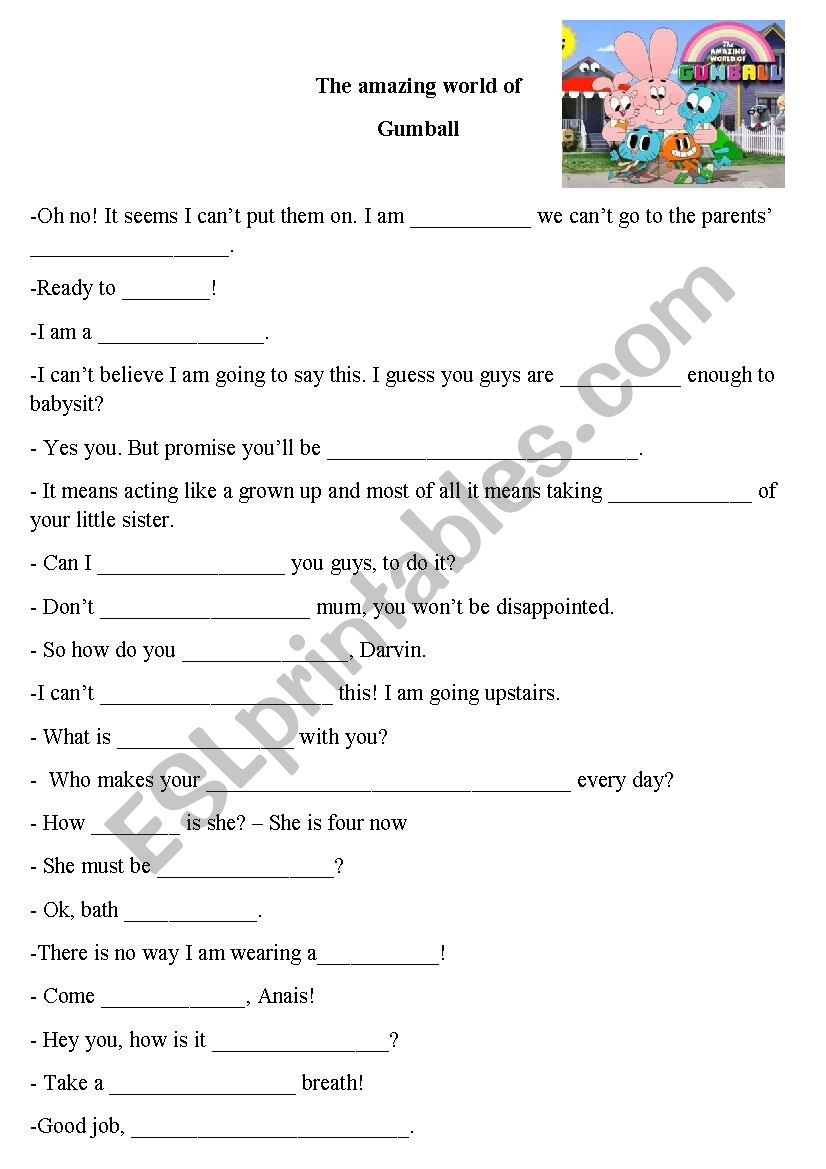 Movie worksheet - the amazing worls of Gumball