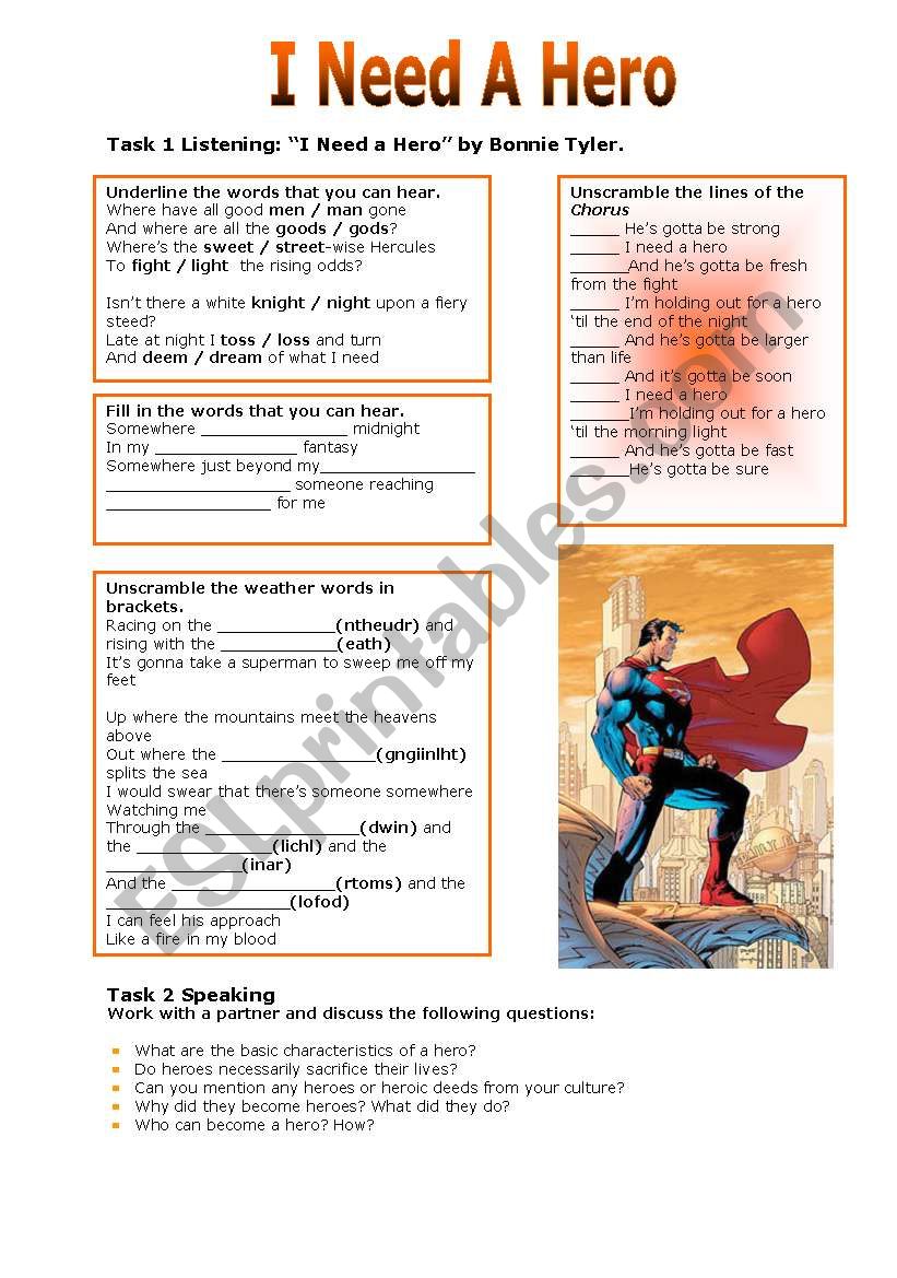 I Need A Hero worksheet