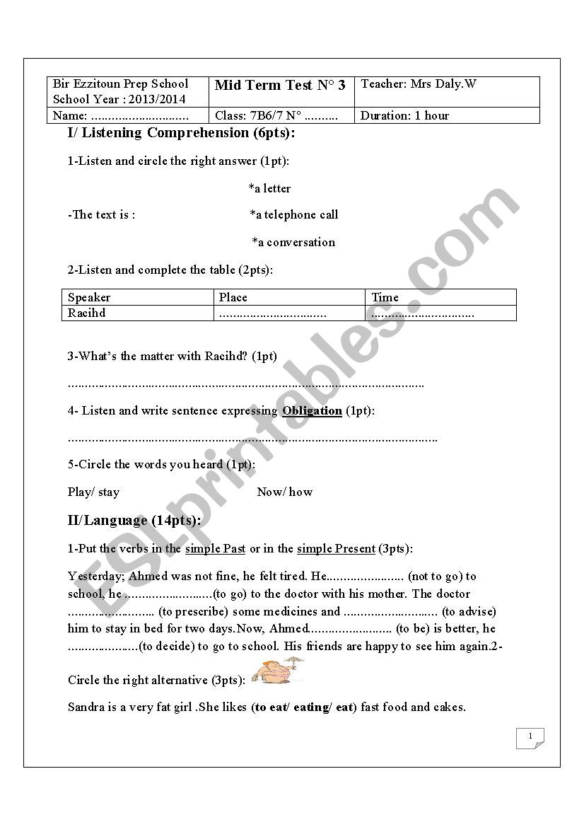 Mid term Test N°3 worksheet