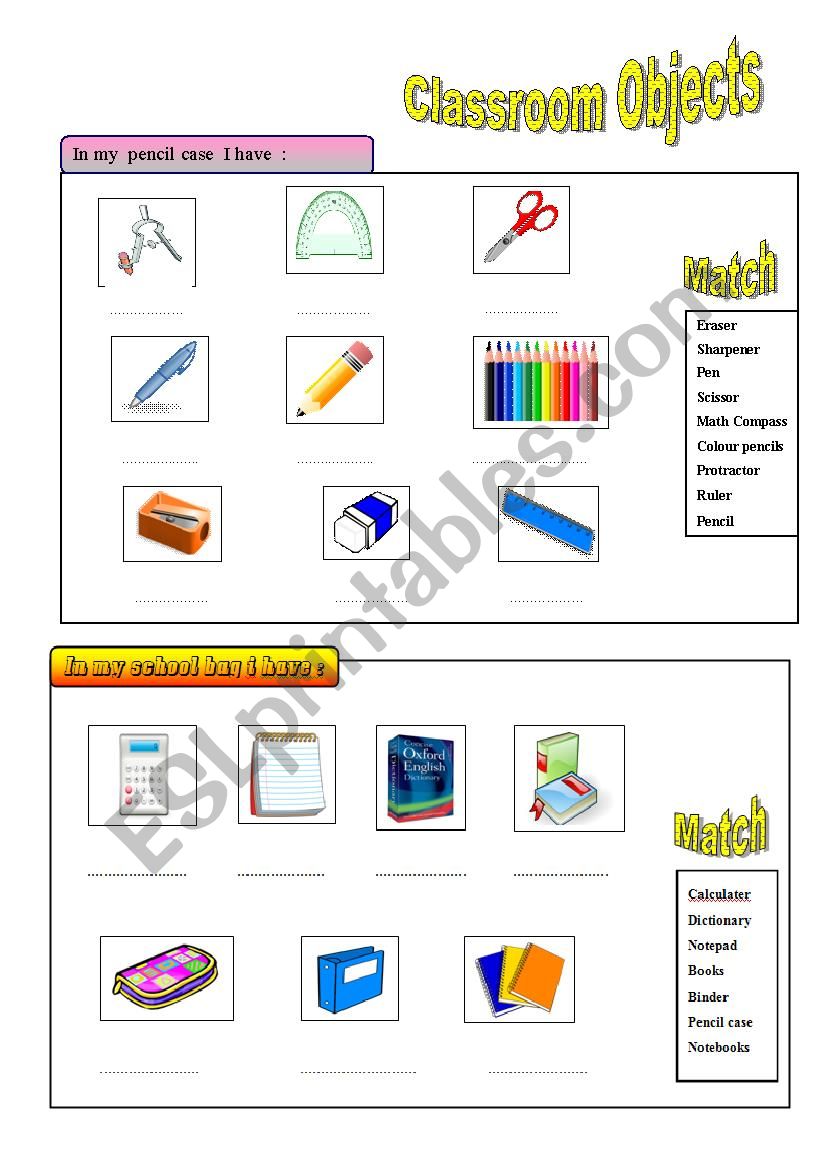 Classroom objects worksheet