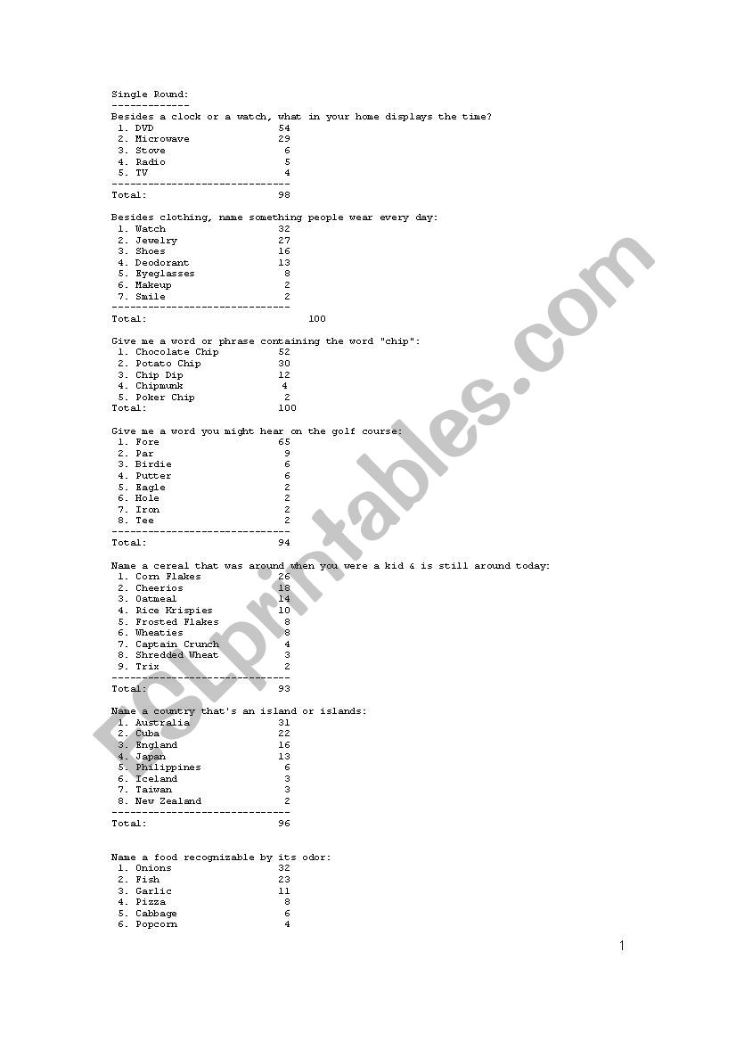 Family Feud worksheet