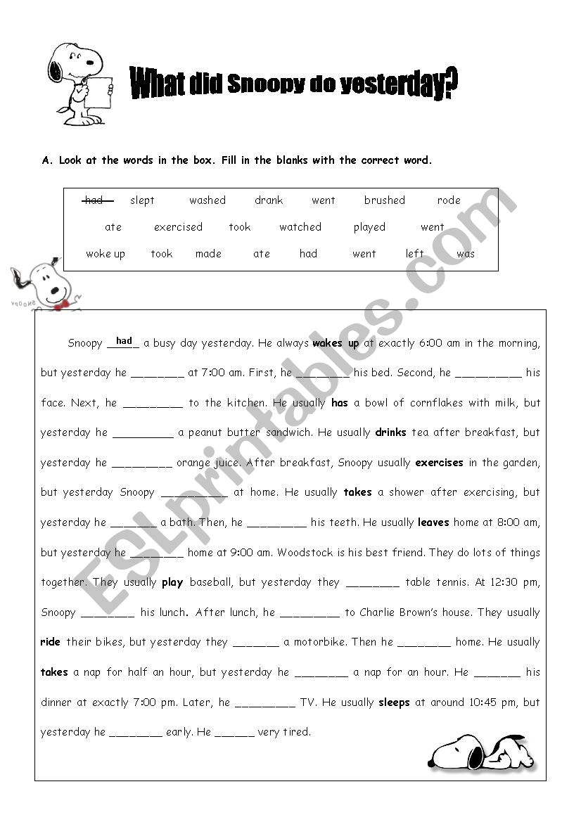 What did Snoopy do yesterday? worksheet
