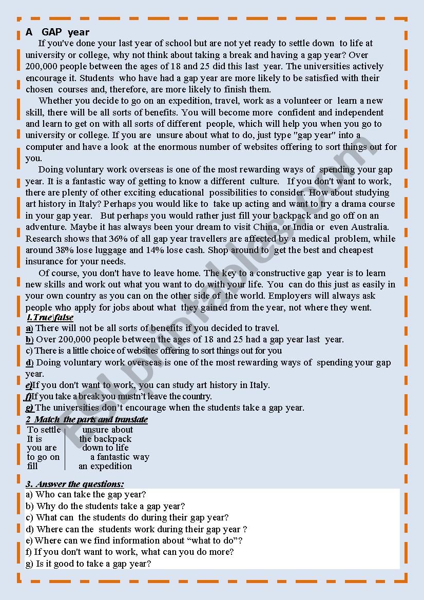 A gap Year worksheet