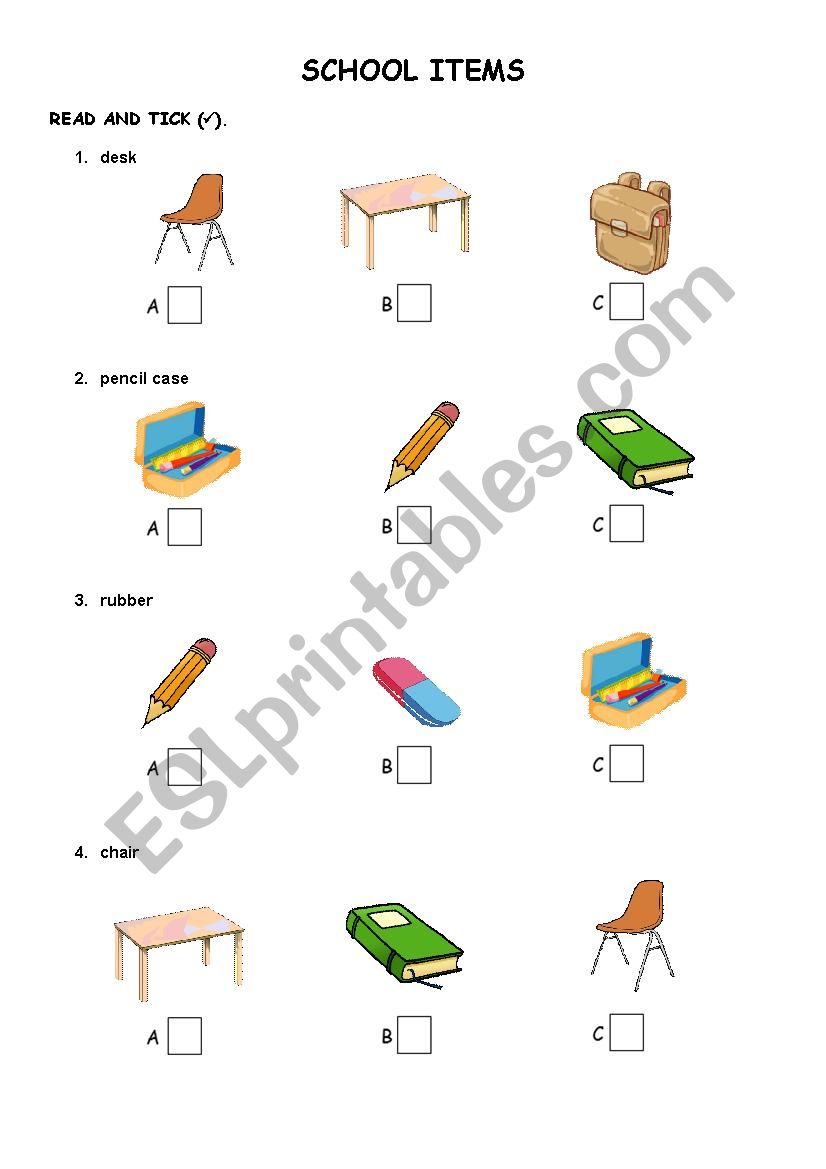 School Items worksheet