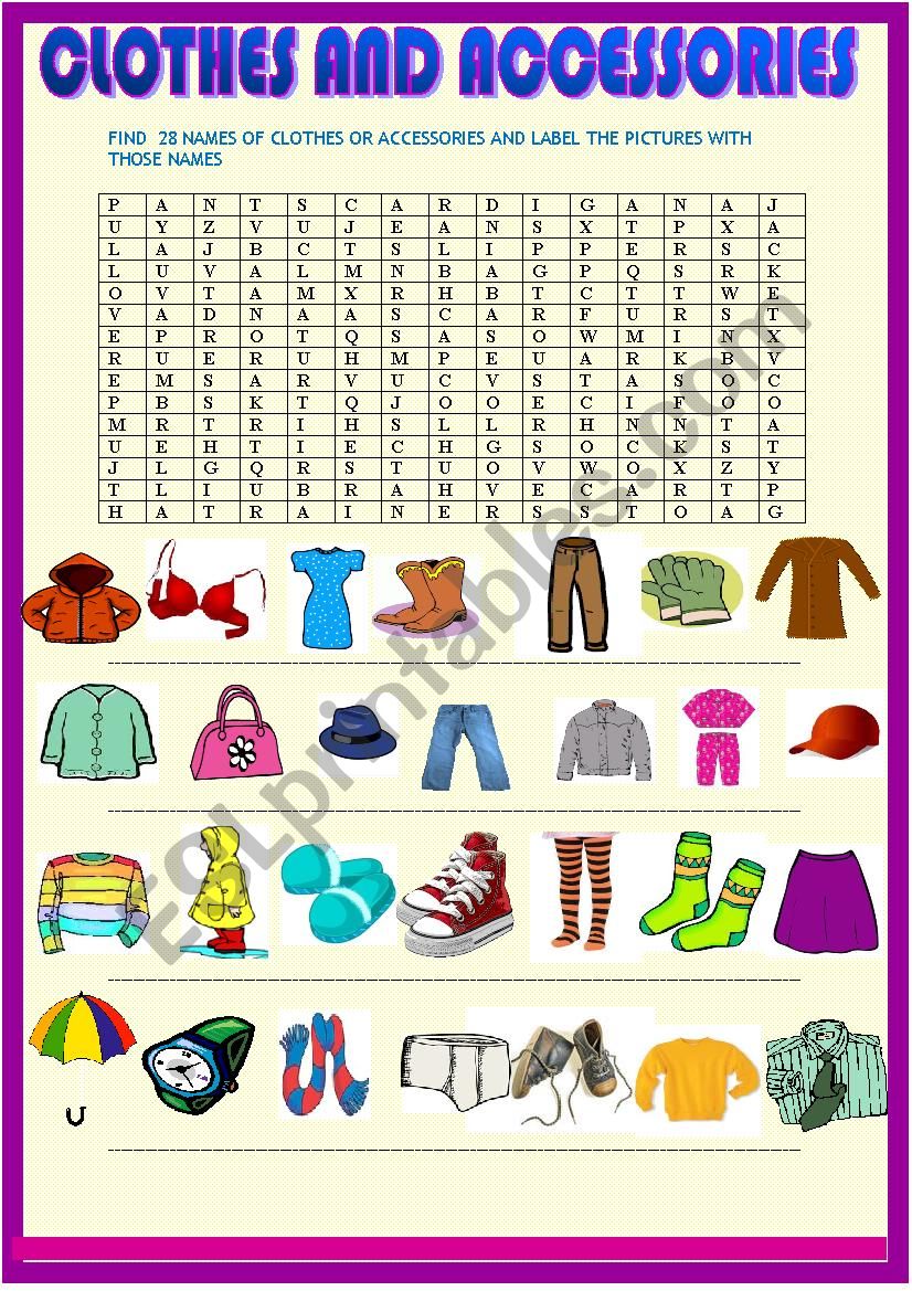 Clothes wordseach puzzle worksheet