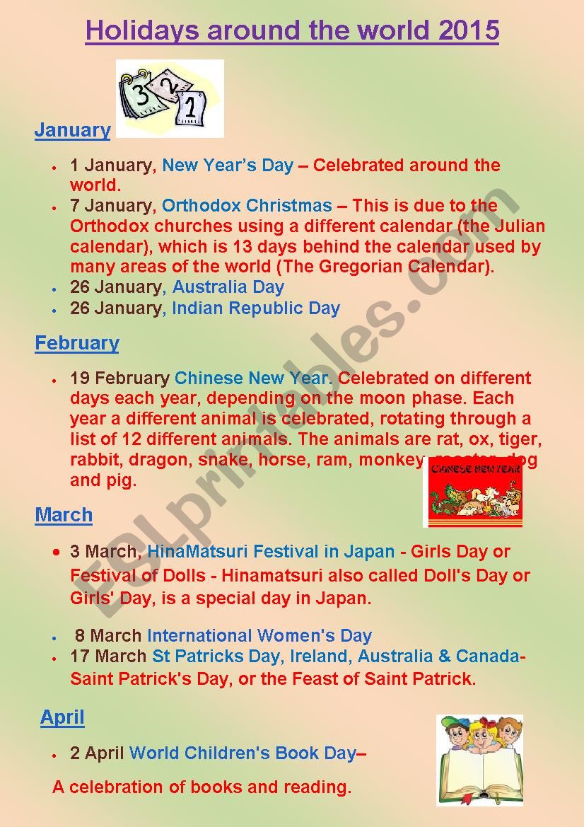 World holidays and events worksheet