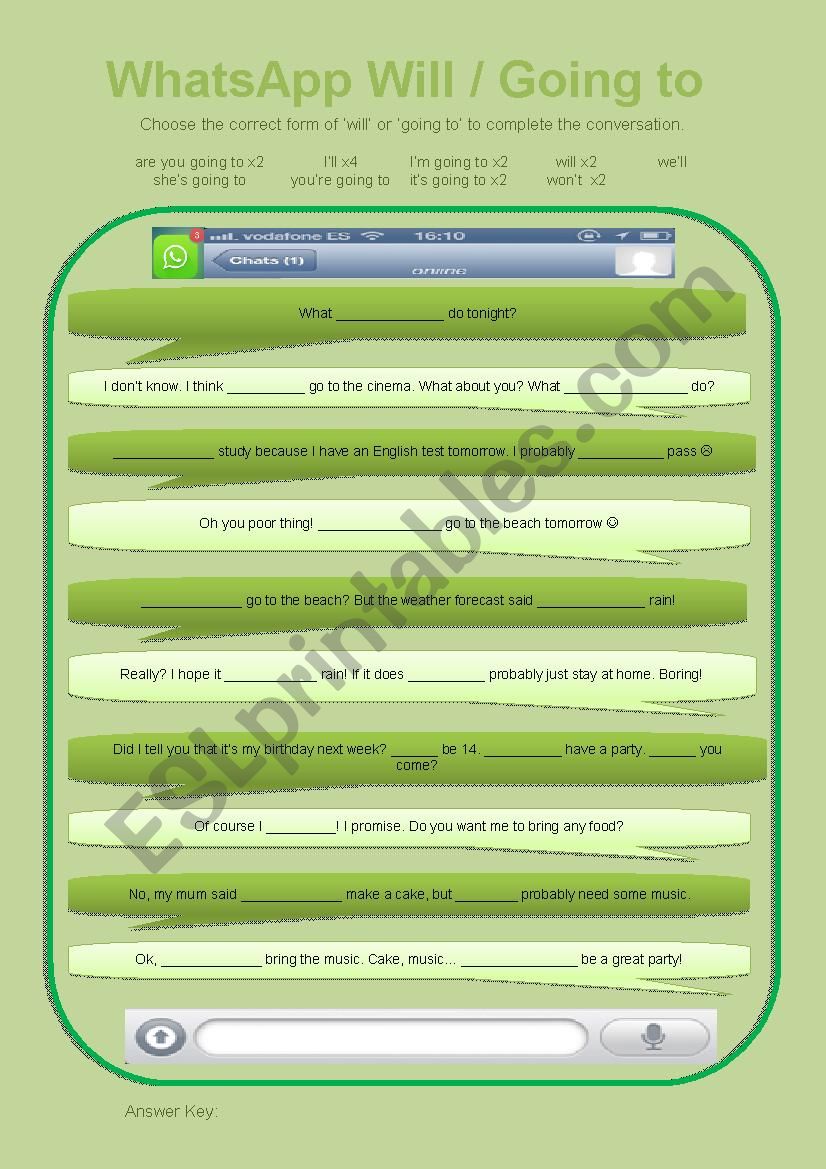 01 WhatsApp Will / Going to (mobile phone text dialogue conversation)