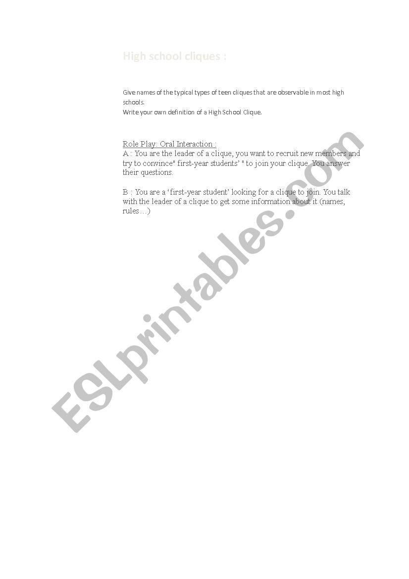 High School Clique (roleplay) worksheet