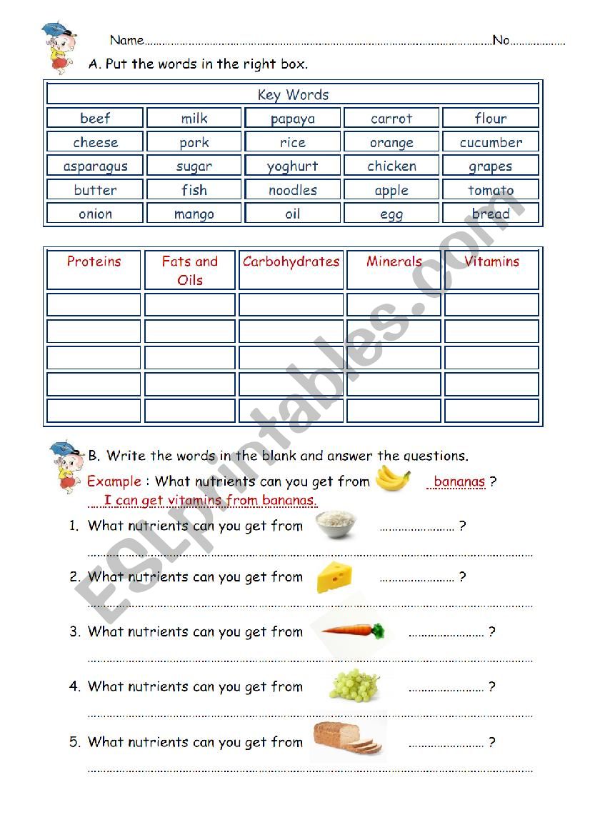 Healthy Food and Nutrients worksheet