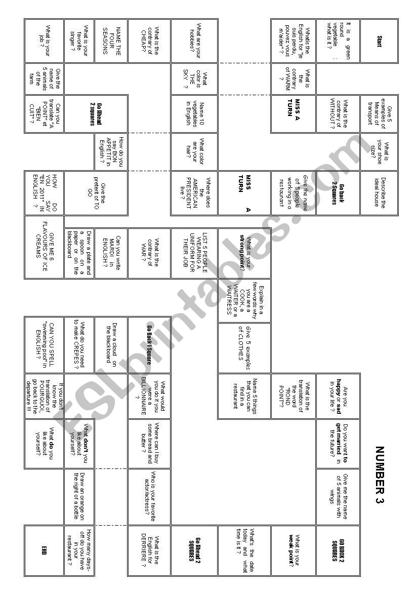 SPEAKING BOARD GAME NUMBER 3 worksheet