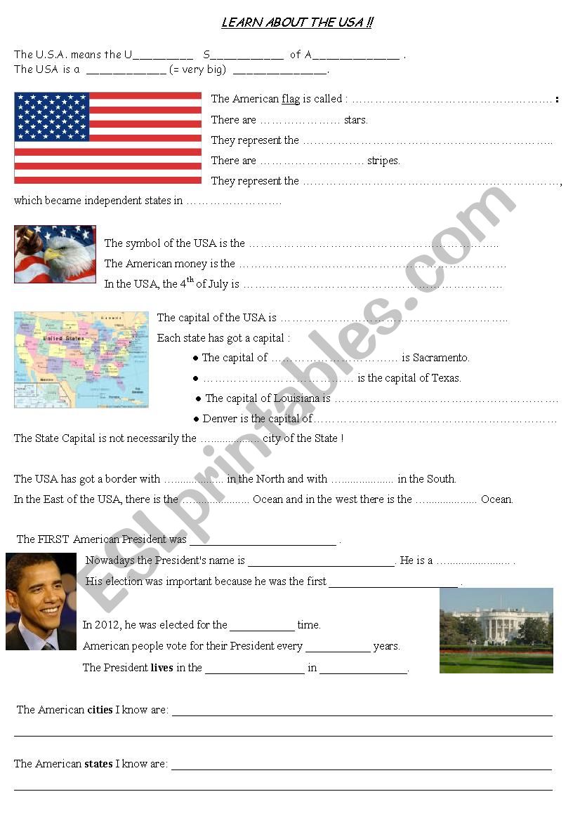 THE USA : information worksheet