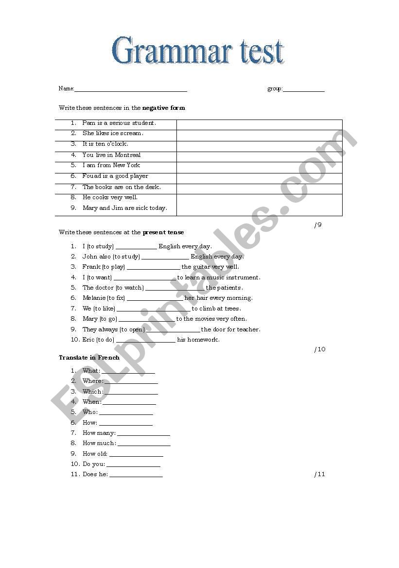 Grammar test worksheet