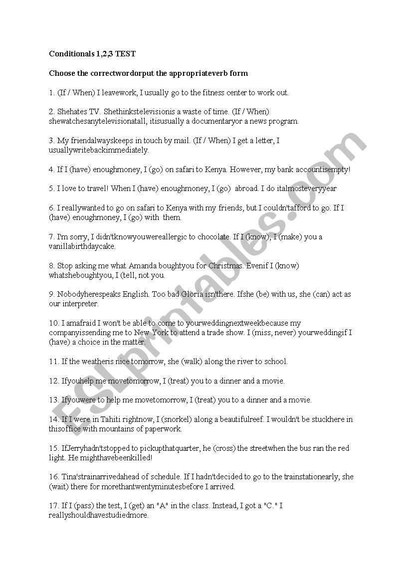 Conditionals -Test worksheet Conditionals -Test worksheet