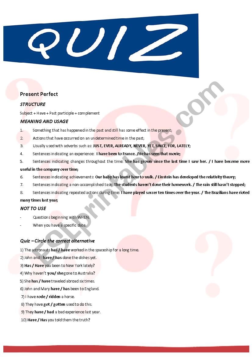 Present Perfect short explanation and quiz